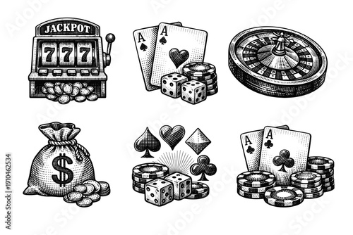 Vintage casino gambling engraving set, retro poker and roulette sketches in woodcut style