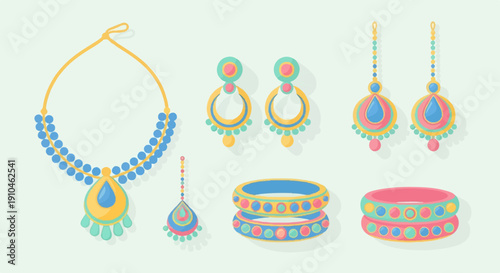 Colorful traditional jewelry set including necklace, earrings, bangles, and maang tikka