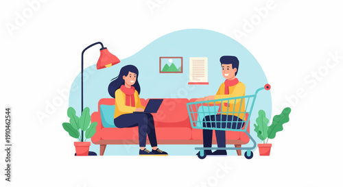 Couple enjoying cozy indoor time with shopping cart and laptop, plants, lamp