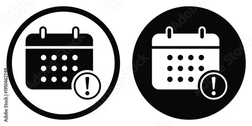 Calendar icon with an exclamation mark warning. Vector illustration for urgent deadlines, event alerts, critical schedules, or important date reminders in circular frames.