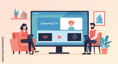 Couple watches streaming TV on laptop from cozy living room with plants