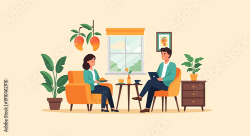 Couple enjoying a relaxed moment at home with food and technology