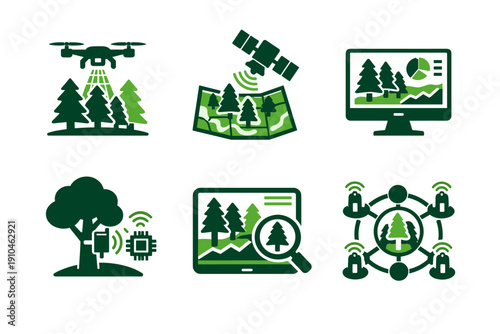 Forest monitoring and mapping icons showing drone surveying, satellite navigation, digital dashboards, sensor networks, and connected data analysis tools