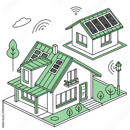 Concept illustration of a smart eco-housing project, showcasing integrated technology for sustainable urban development in flat design.