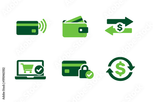Green flat vector icons set of digital payment methods showing contactless card, wallet, money transfer arrows, secure checkout, and refund cycle symbols
