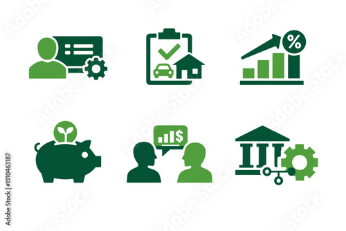 Green financial services icons set featuring user settings, insurance checklist, growth chart, piggy bank savings, customer support chat, and banking tools