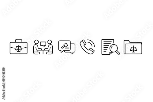 Minimal line icons illustrating legal services, including attorney briefcase, client consultation, speech bubble, phone call, document review, and justice scale