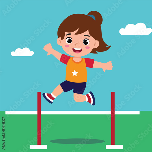 A young girl jumping over a hurdle with a smile