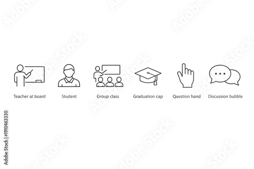 Minimal line icons for education featuring teacher at board, student, group class, graduation cap, raised question hand, and discussion chat bubbles
