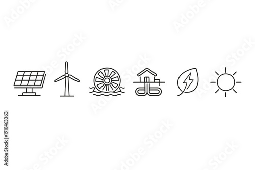 Row of clean energy icons including solar panel, wind turbine, hydroelectric wheel, geothermal heating, lightning bolt, and sun on dark background