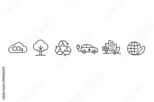 Monochrome sustainability icons banner showing CO2 reduction, tree planting, recycling, electric vehicle charging, green city growth, and global ecology