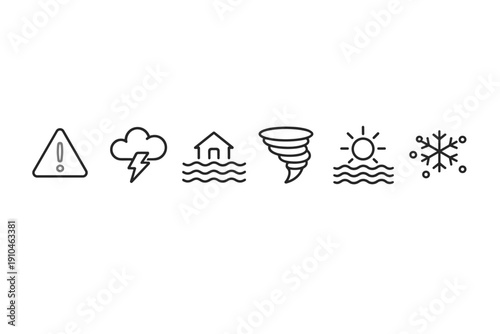 Minimal line icons illustrating weather and disaster alerts including warning, lightning storm, flood home, tornado funnel, heat sun, and snowflake cold symbol