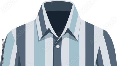 Close-up of a striped button-up shirt with a dark collar and light blue, grey, and white stripes