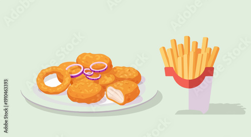 Crispy fried chicken pieces and onion rings on a plate with french fries