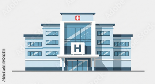 Modern hospital building with red cross and h sign medical facility exterior