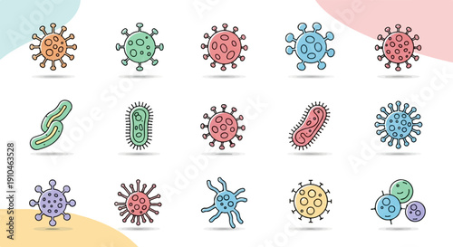 Collection of colorful cartoon illustrations of different types of microbes