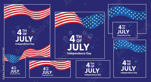 4th of July Independence Day banner or poster templates, vector patriotic backgrounds with American flags and fireworks, for website or social media, isolated on transparent background, png