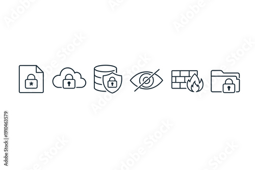 Minimal line icons showing data security features with locked document, cloud, database, privacy eye, firewall, and protected folder on white background