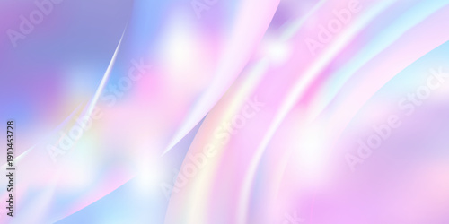 Holographic 3D background with flowing wavy ribbons in pastel pearl gradients. Abstract hologram texture with soft light and rainbow glass effects for modern design. Vector illustration.