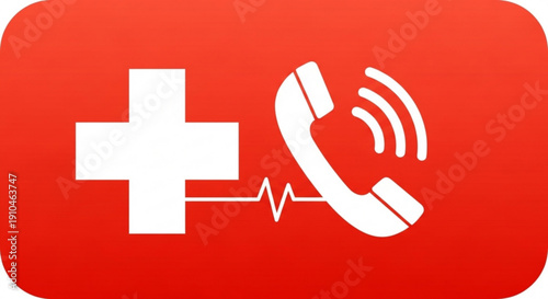 Medical emergency service call icon with red background and white symbols for healthcare and support