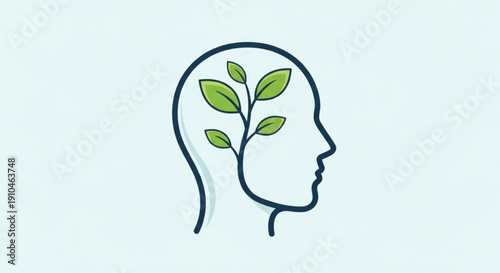 Mindful growth concept with green leaves sprouting from human head outline in profile on light blue background