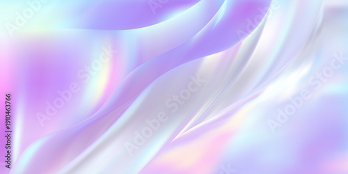 3D holographic background with flowing glass ribbons. Wavy pastel texture creates abstract gradient patterns with crystal-clear light effects and soft silk-like curves. Vector illustration.