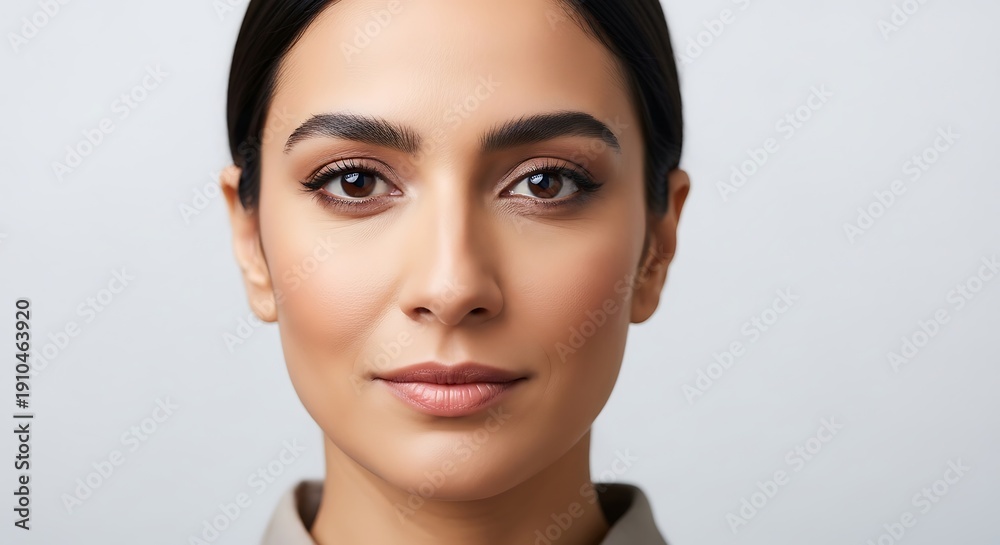 Naklejka premium Close-up portrait of a serene and elegant woman with well-groomed eyebrows, almond-shaped eyes, and a soft smile, capturing International Women's Day with graceful expression and minimalist aesthetic
