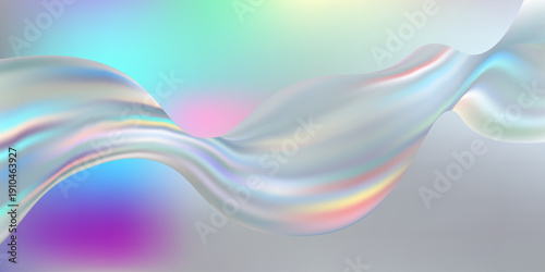 Wavy glass texture with holographic foil ribbons and liquid silk curves form ethereal 3D background featuring crystal light reflections and gradient color patterns. Vector illustration.