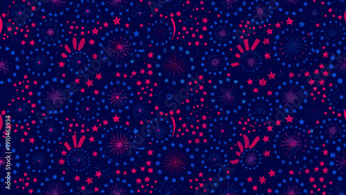 A vibrant repeating pattern of stylized fireworks and stars