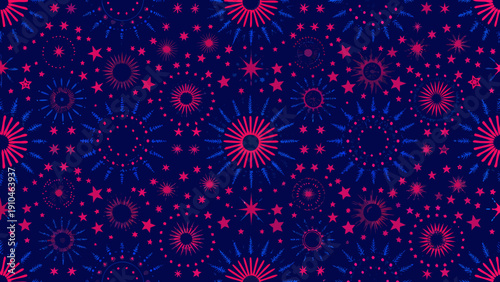 A vibrant pattern of pink and blue starbursts and scattered stars