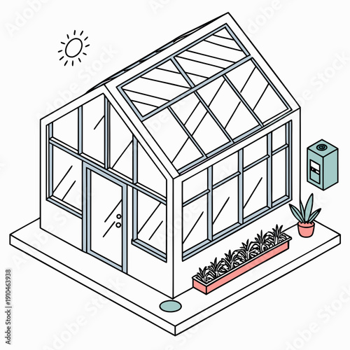 Modern Flat Vector Illustration of a Solar-Powered Smart Greenhouse for Sustainable Agriculture