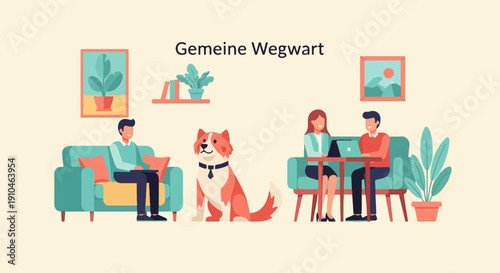 Cozy interior scene with people working and a dog