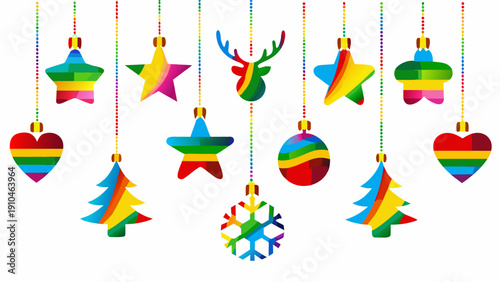 Colorful geometric holiday ornaments hanging on dotted strings