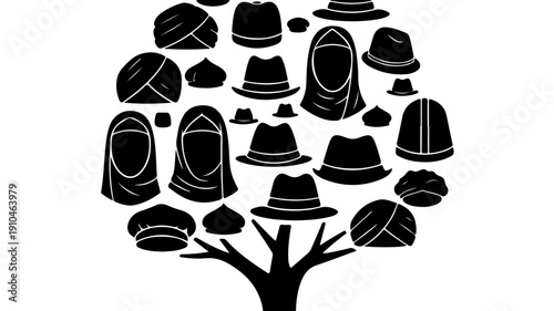 Tree of Diverse Headwear Representing Cultural and Religious Diversity.