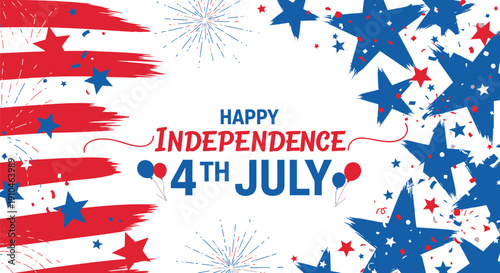 4th of July patriotic banner with red, white, and blue stars and stripes, Independence Day celebration background, American flag themed overlay for website or social media