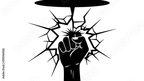 Fist breaking through a cracked surface symbolizing power and determination.