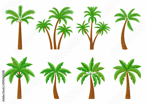 Collection of vibrant green palm trees against a stark white background