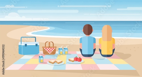 Couple enjoying a beach picnic with food, drinks, and a cooler