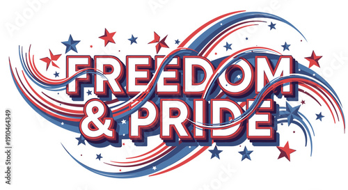 Red, white, and blue starry waves with 'Freedom & Pride' text, for banner or poster, vector illustration