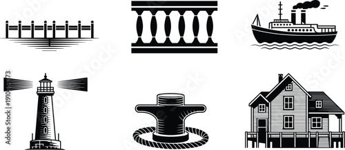 Marine, nautical, icons, lighthouse, ship, pier, bollard, house, railing, coastal, harbor, sea, transport, navigation, silhouette, vector, illustration, maritime, design, collection