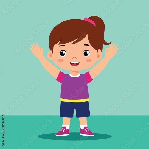 A cheerful cartoon girl with arms raised in excitement