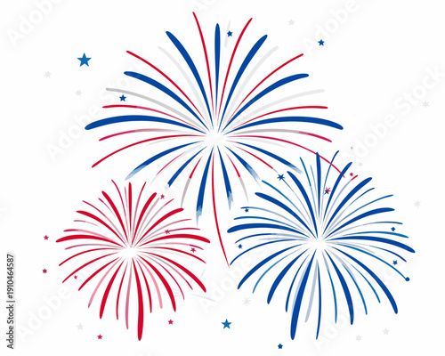 Festive fireworks display with red white and blue bursts against a white background