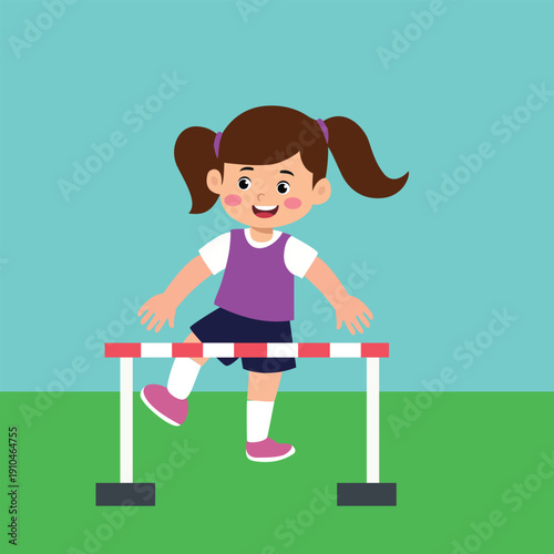 Young girl jumping over hurdles in athletic event
