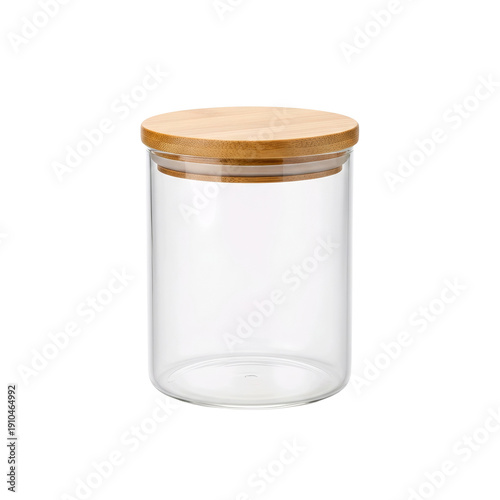 Candid macro of a glass storage jar with a natural bamboo lid. Minimalist eco-friendly kitchen container isolated for sustainable product packaging.