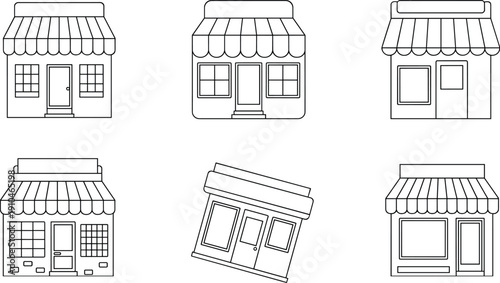 Shop, storefront, store, building, retail, facade, boutique, market, business, exterior, commercial, outline, vector, illustration, architecture, small, shopfront, design, collection, icon