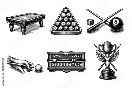 Vintage billiards engraving set, retro pool game sketches in woodcut style isolated on white