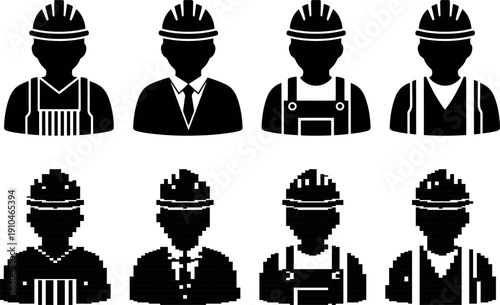 Four construction worker silhouettes in varying outfits on transparent background