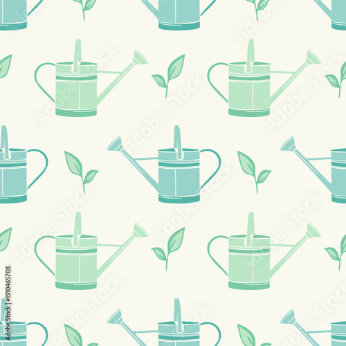 Spring gardening, watering sprouts and seeds. A pattern with watering cans and green sprouts on light background.