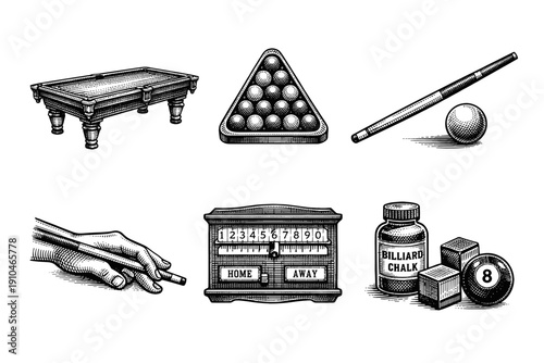 Vintage billiards engraving set, retro pool game sketches in woodcut style isolated on white