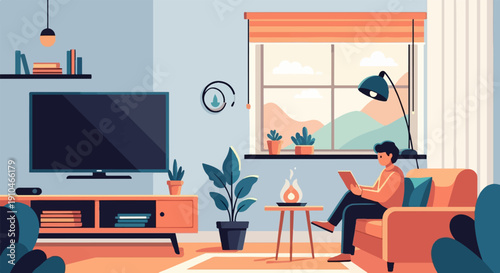 Cozy living room scene with a person using a tablet near a window and TV